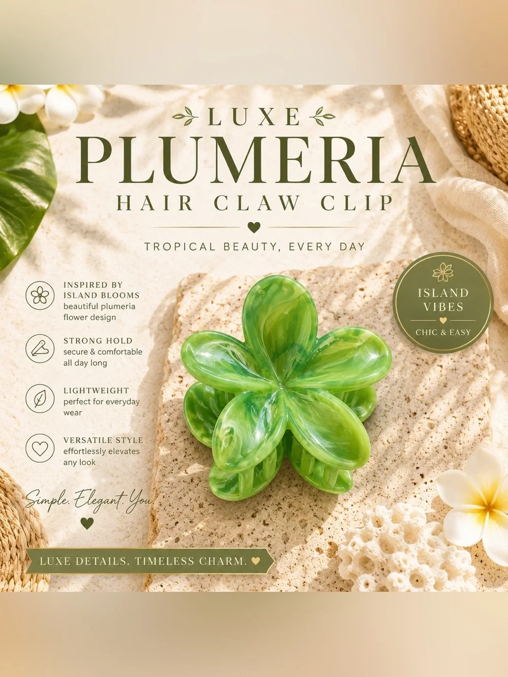 Green Plumeria Flower Hair Claw Clip | Tropical Island Hair Clip| Coastal Resort